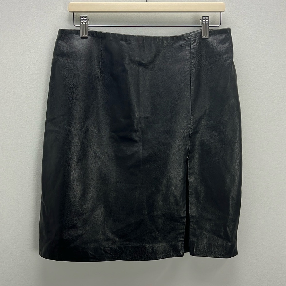 Vintage Express Leather Mini Skirt 90s Y2K Black Italian Lambskin Zipper Slit